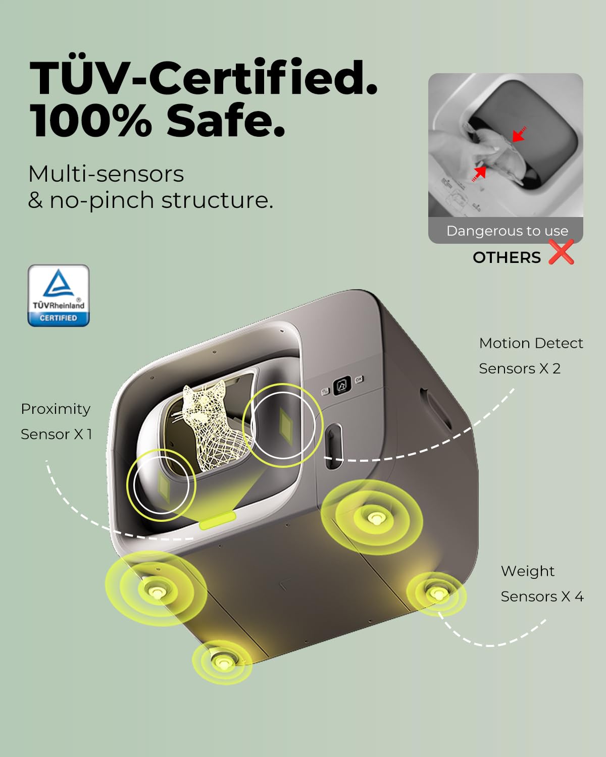 Furbulous safety sensors detection image illustrates proximity, weight, and IR safety features.
