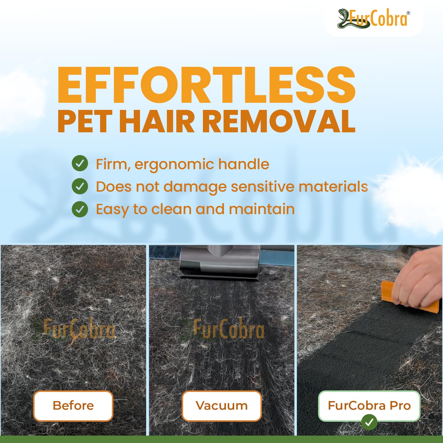 FURCOBRA Pro couch upholstery clean, rapid embedded fur removal demo.