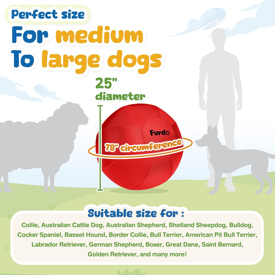 Furdo 25-inch herding ball in action with a dog.