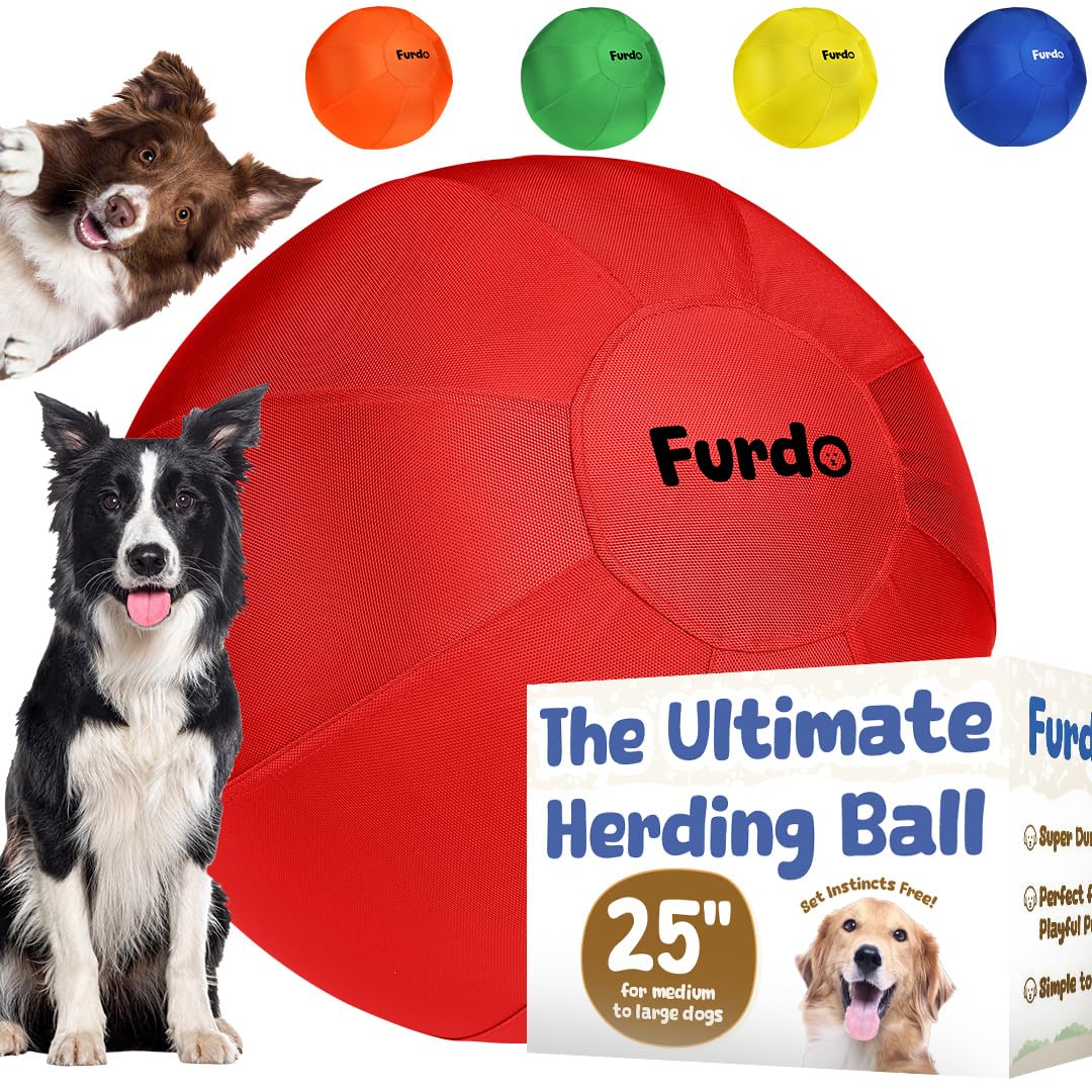 Furdo 25-inch herding ball with red nylon cover for outdoor play.