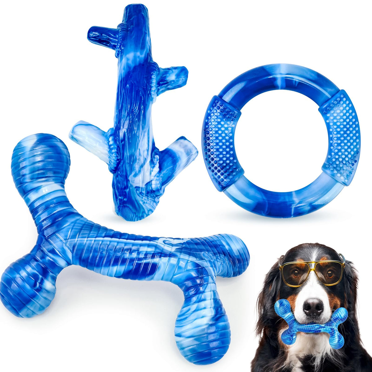 Furdog 3-pack blue nylon dog toys for aggressive chewers, durable and engaging.