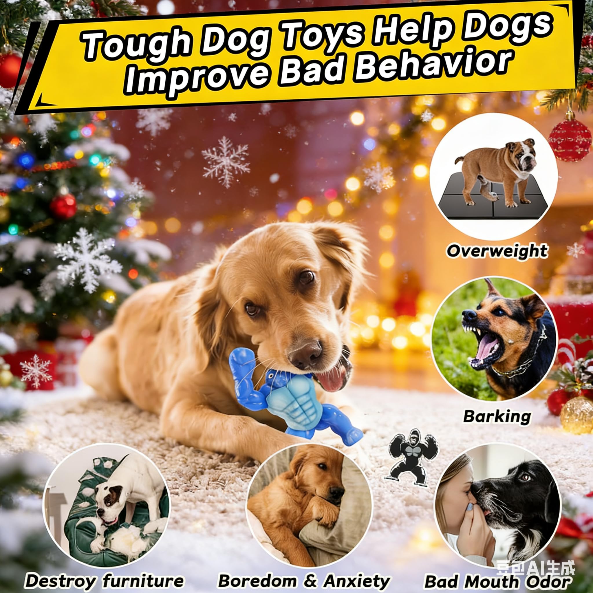 Furdog indestructible chew toy shows dog chewing action with bacon flavor.