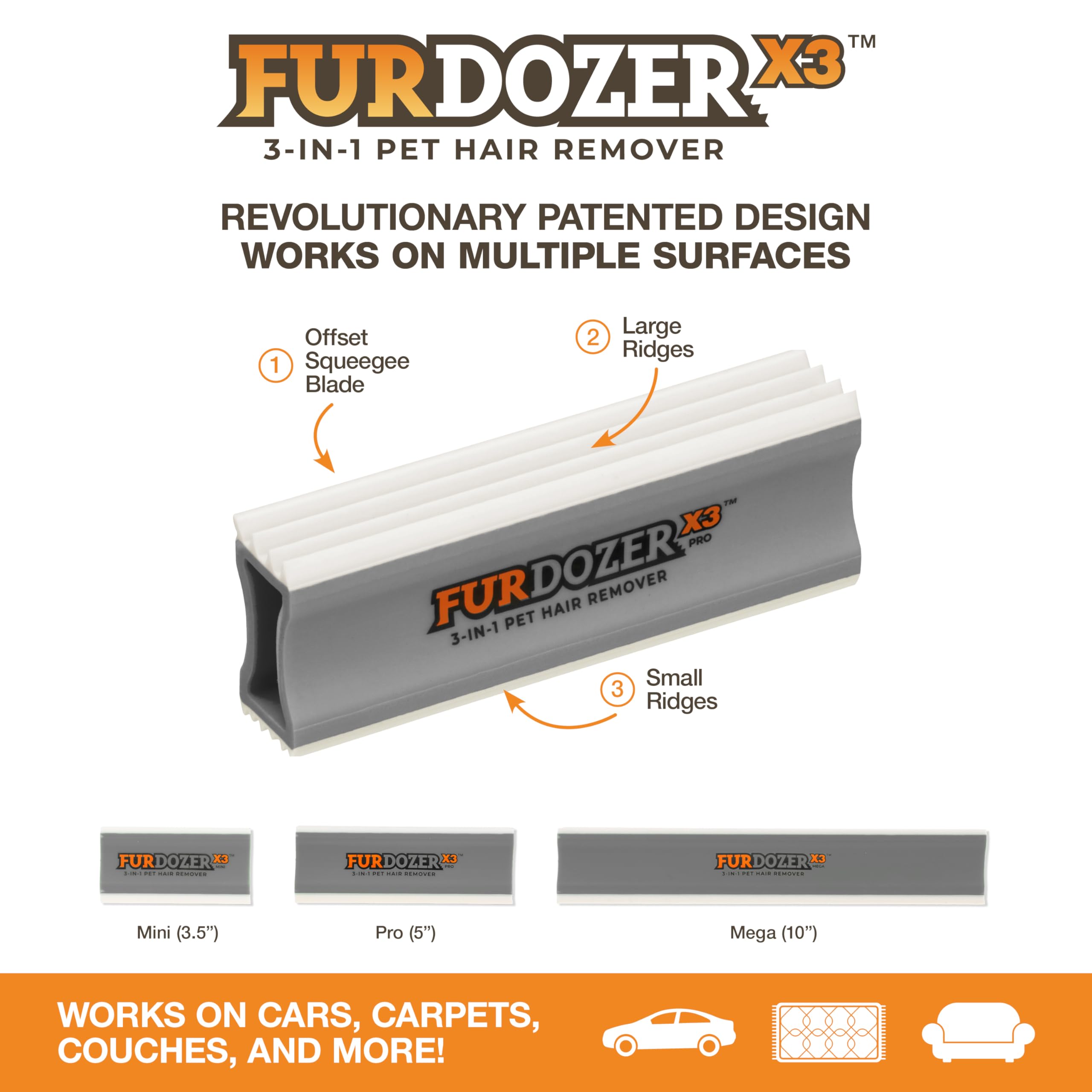 FurDozer 6-tools-in-1 close-up shows versatile edges for cars and carpets.