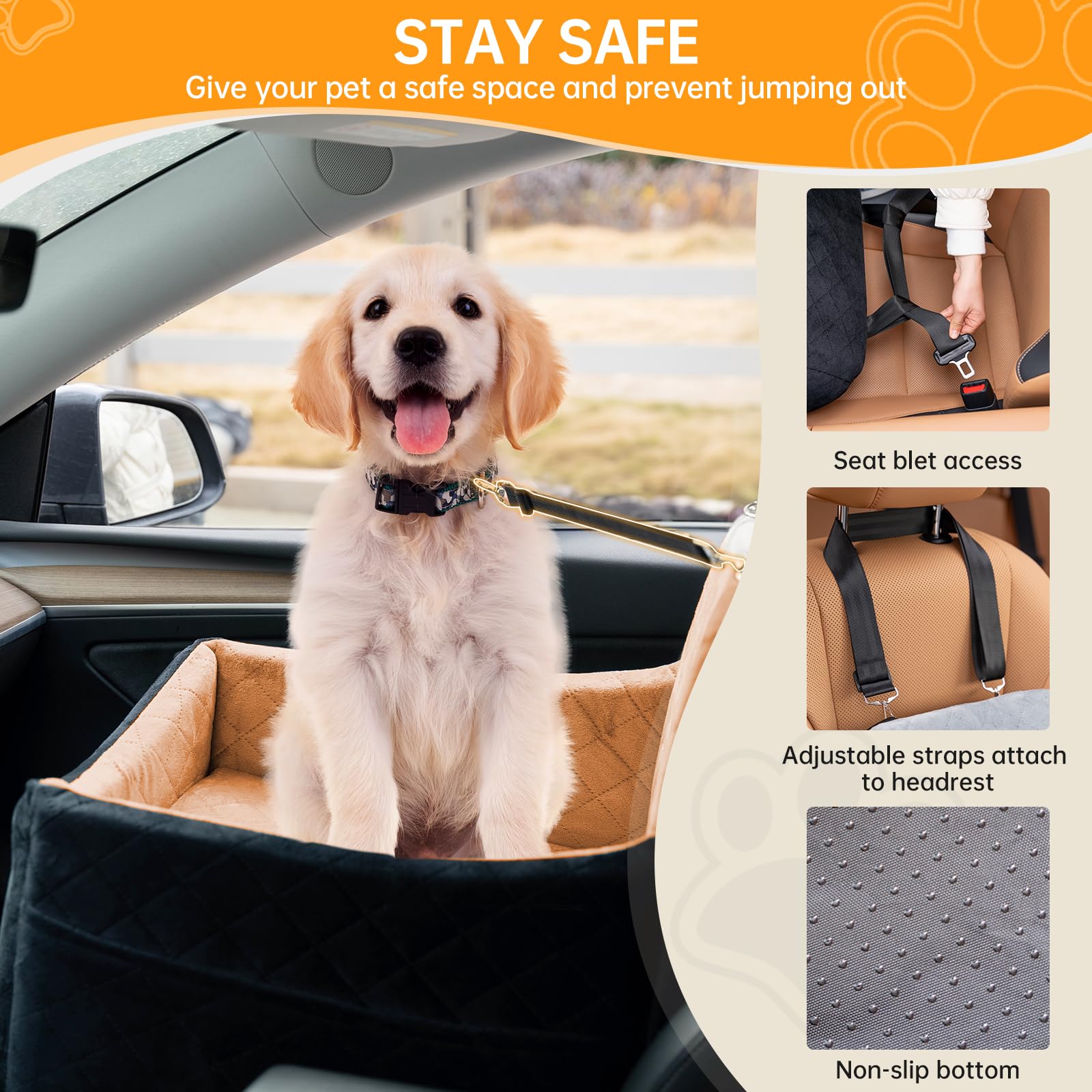 FurFrolic car seat includes two safety belts for secure restraint.