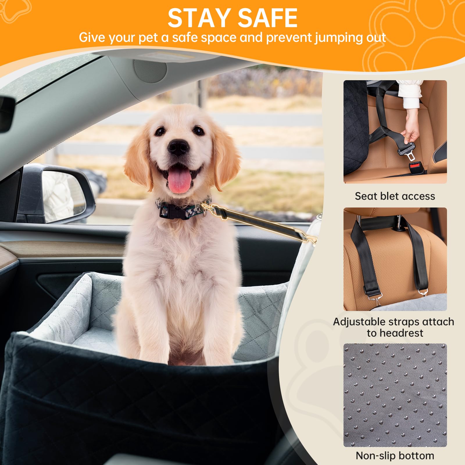 FurFrolic dog-car-seat-storage-pockets hold toys and treats for trips