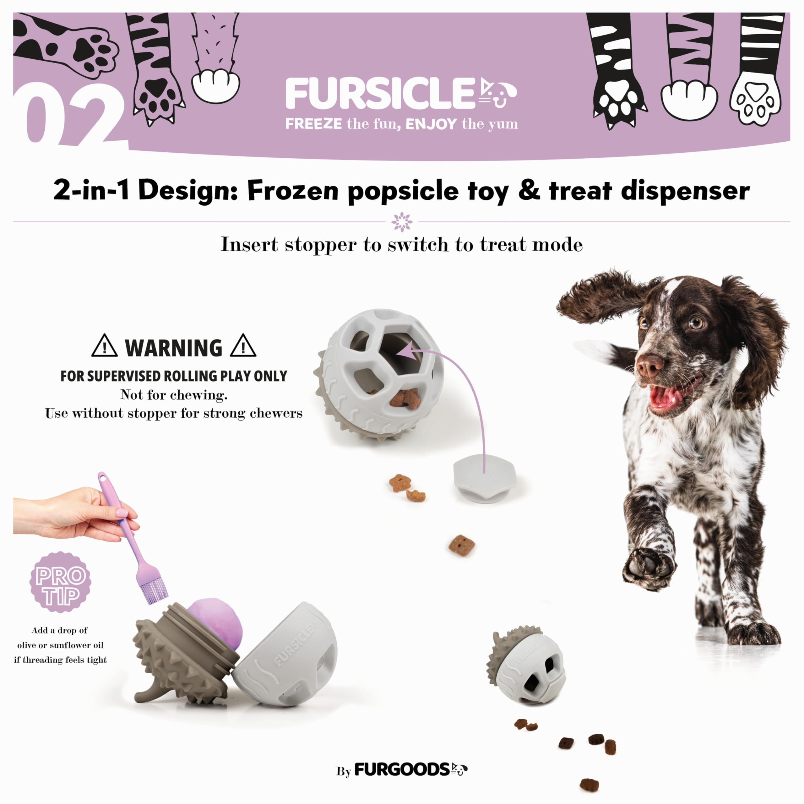 FurSicle in use with dog licking for extended enrichment.