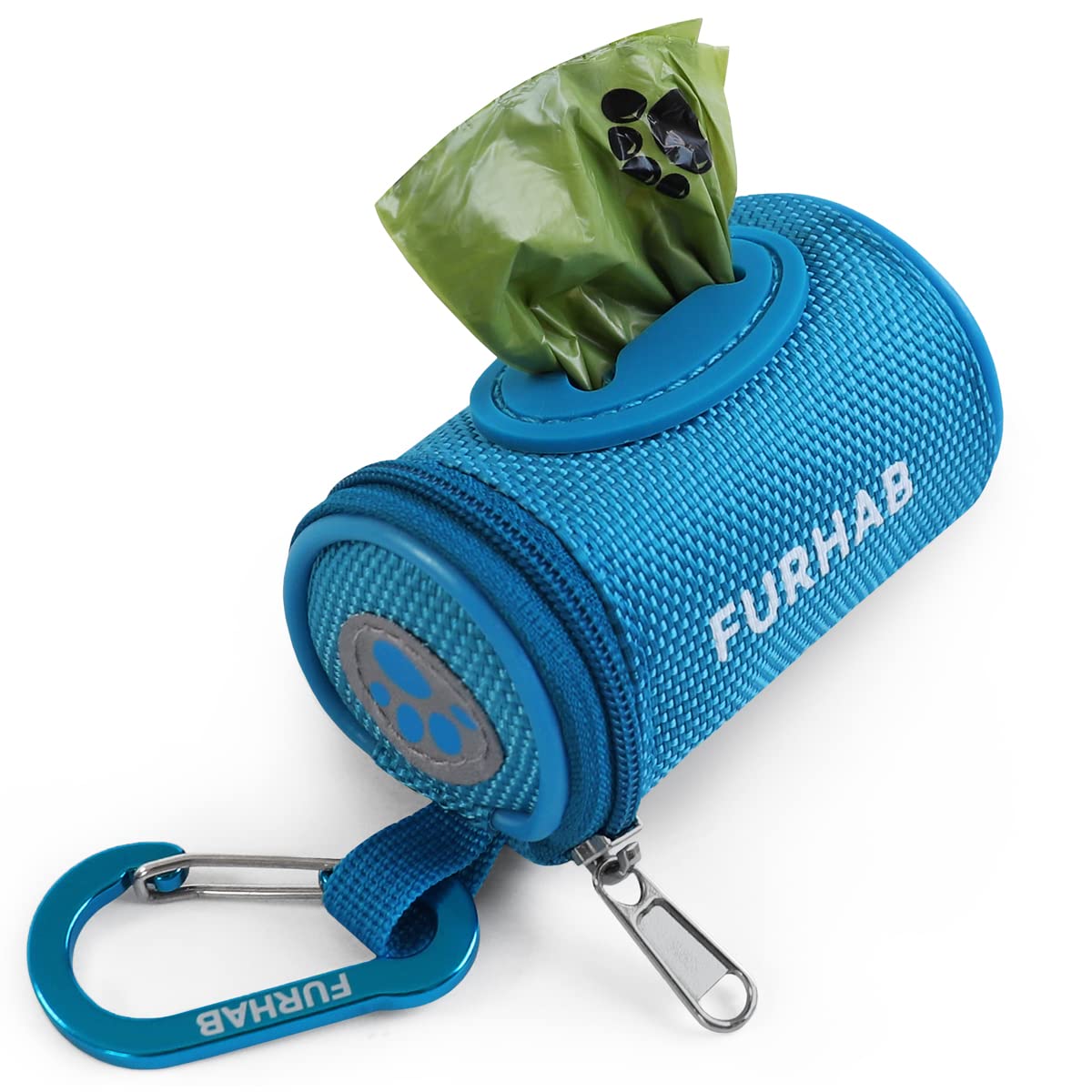 FURHAB dog poop bag holder on leash with sky-blue fabric offers easy-access bags