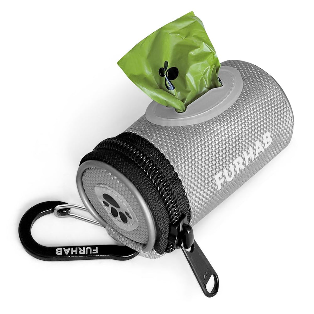 FURHAB Glow dog poop bag holder with carabiner clip for easy leash attachment.