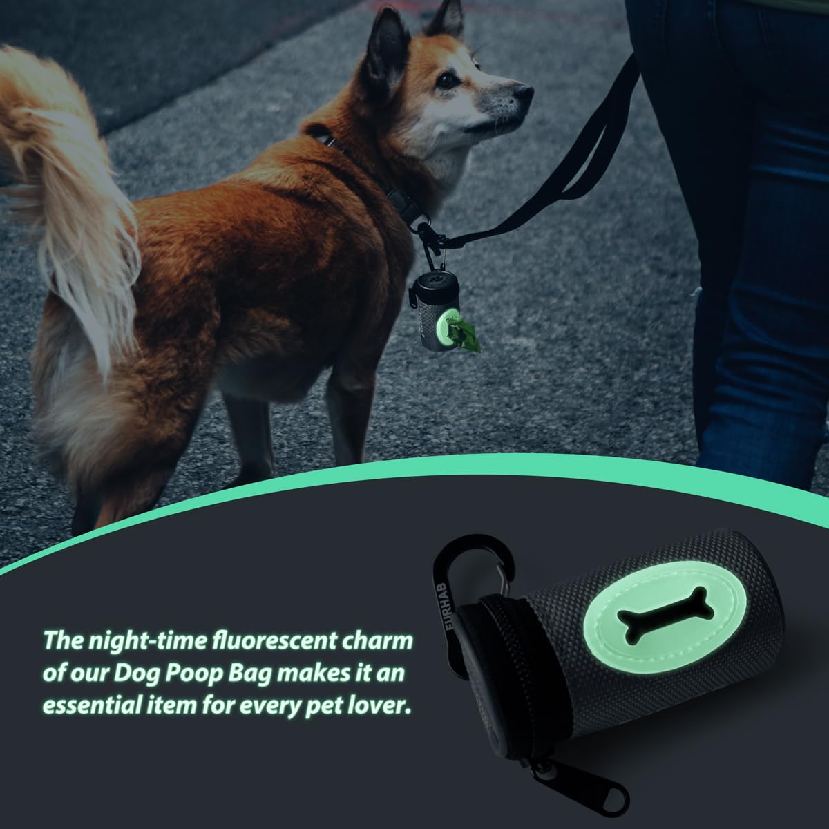FURHAB Glow dog poop bag holder showing leash attachment for on-the-go use.