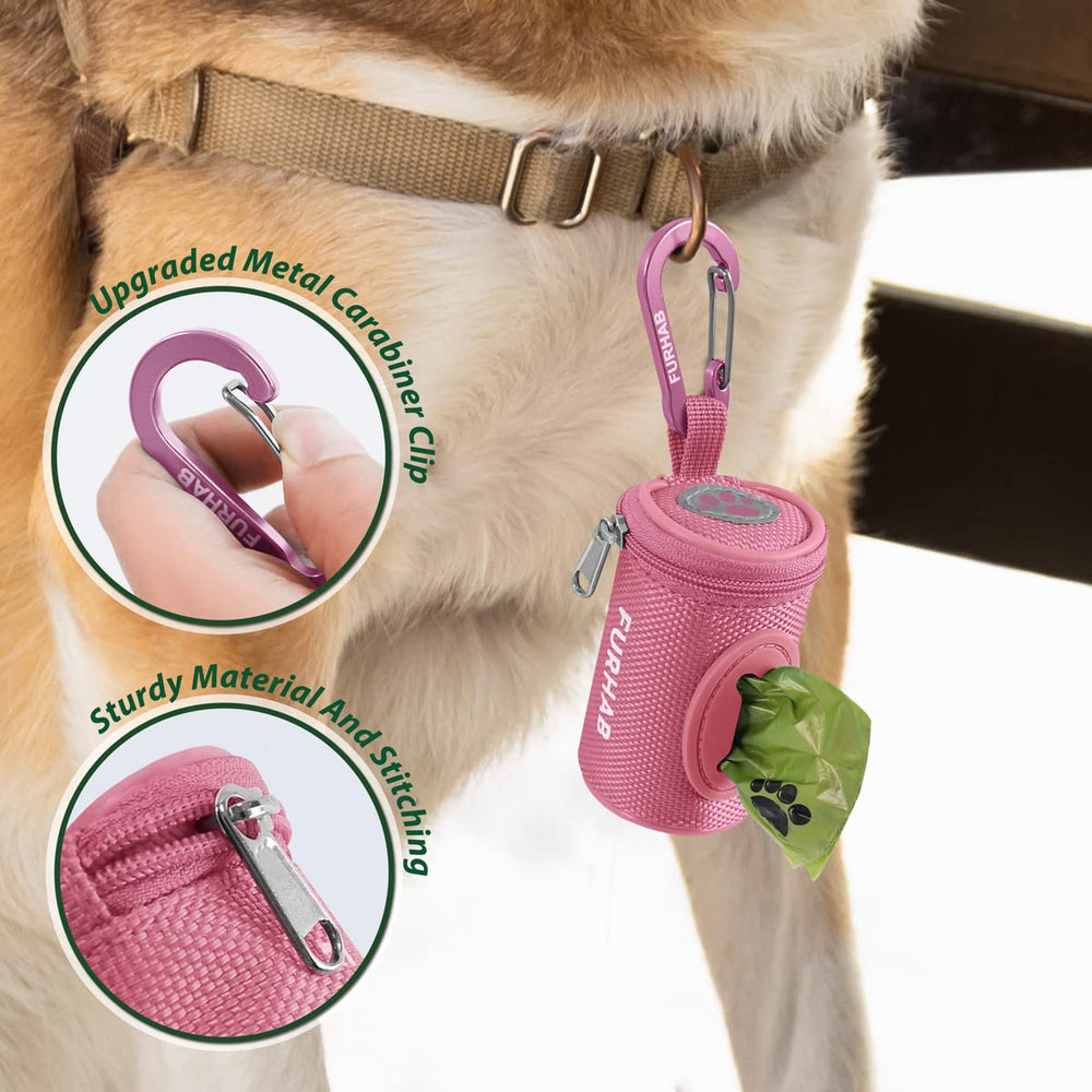 FURHAB poop bag dispenser attached to leash using sturdy carabiner clip.