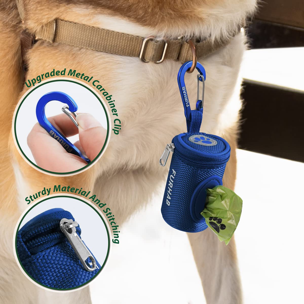 FURHAB royal blue soft fabric dispenser ready for walks