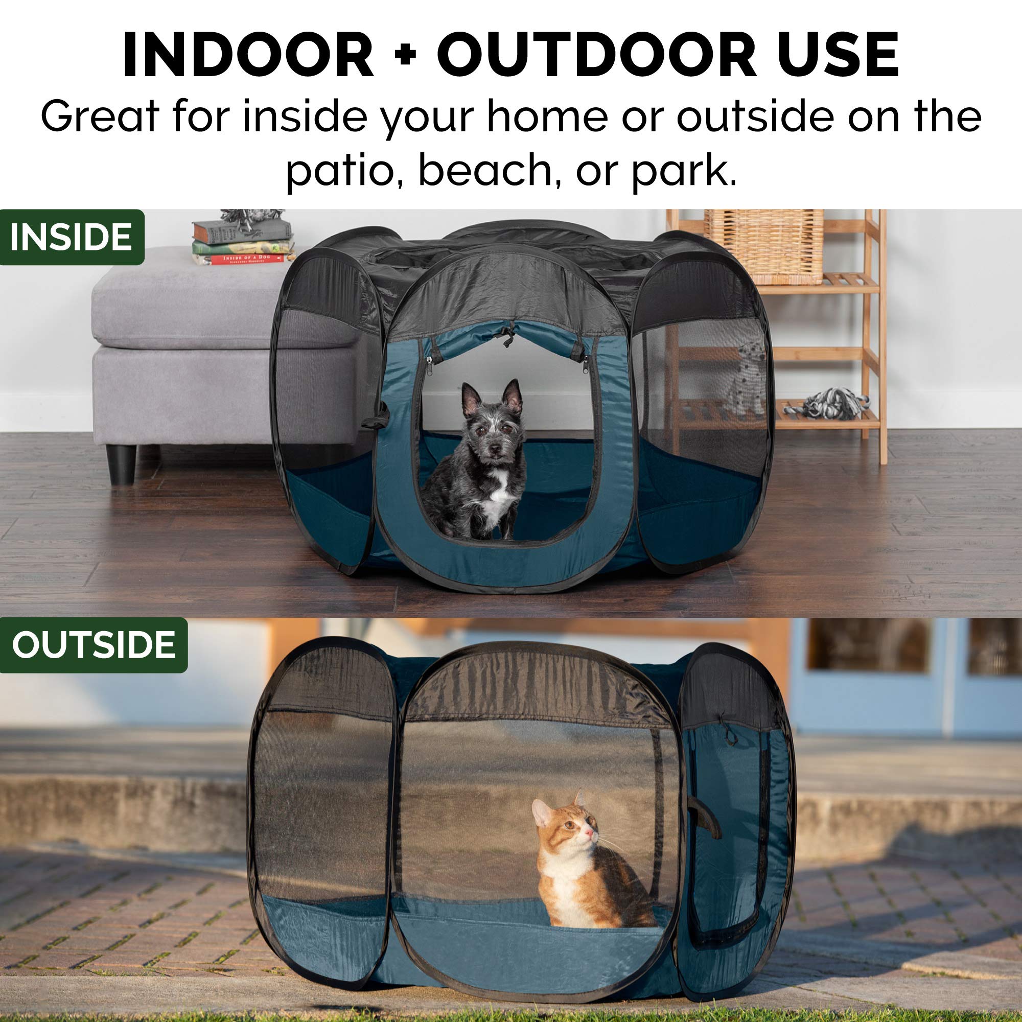 Furhaven pop-up playpen Sailor Blue ground stakes help secure outdoor setup against breezes.