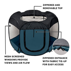 Furhaven pop-up playpen Sailor Blue side entrance enables easy, safe pet entry and exit.