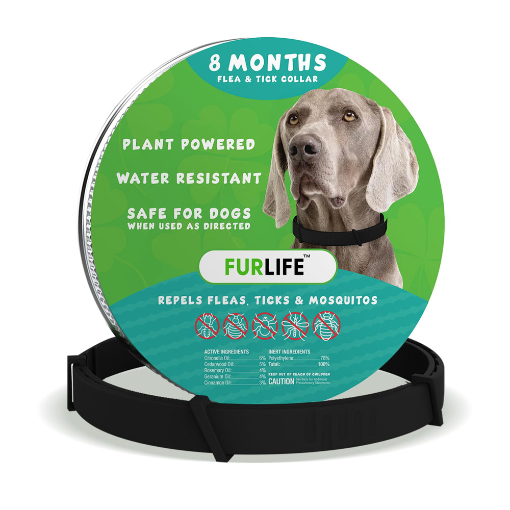 FurLife flea-tick-collar close-up showing dark collar for all breeds and chemical-free protection.