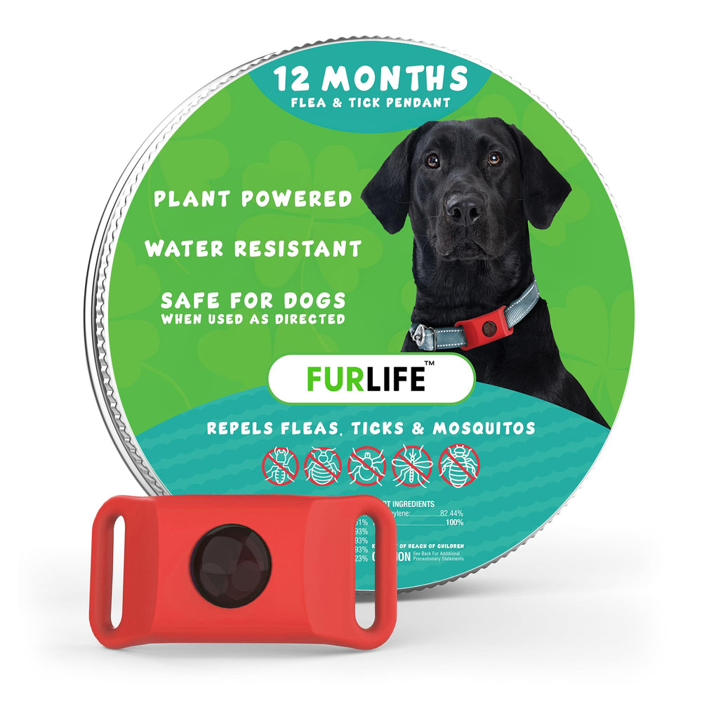 FurLife red dog tag waterproof pendant on collar for easy flea and tick prevention