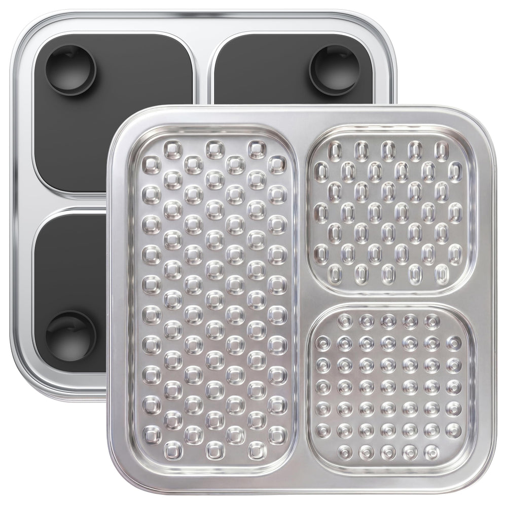 Furlithix stainless steel lick mat on kitchen counter promoting slow, calm feeding