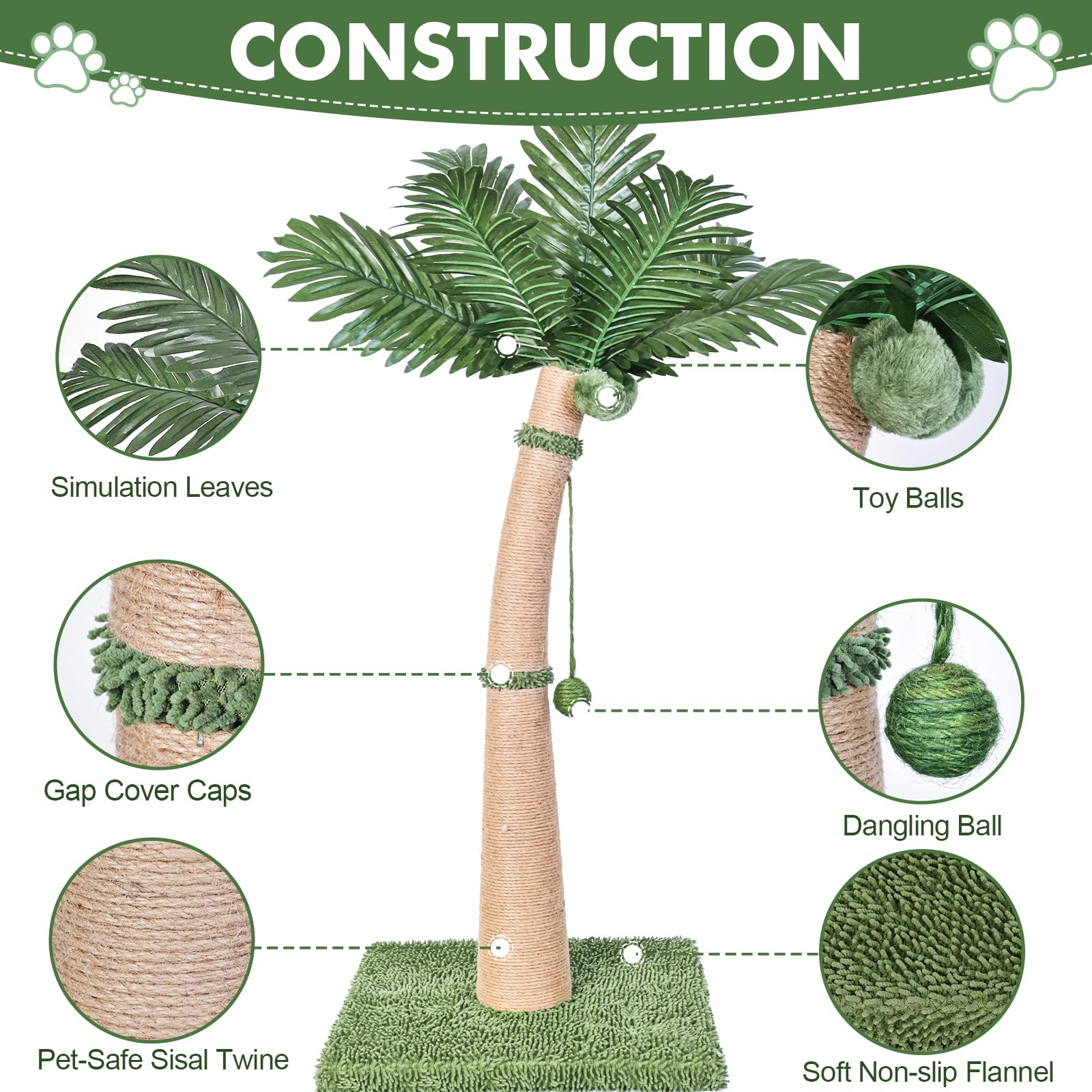 Furlogy Palm Tree Scratching Post sisal wrap closeup emphasizes durable, natural rope grip