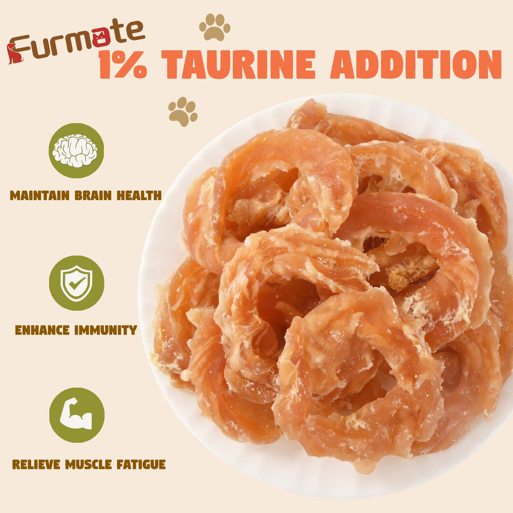 Furmate Chicken Jerky Rings close-up texture—savory real chicken bites with appealing chew.