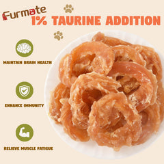 Furmate Chicken Jerky Rings close-up texture—savory real chicken bites with appealing chew.