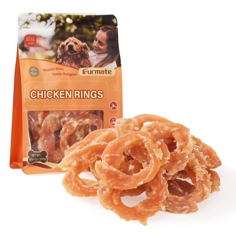 Furmate Chicken Jerky Rings packaging—premium dog treats ideal for training rewards.