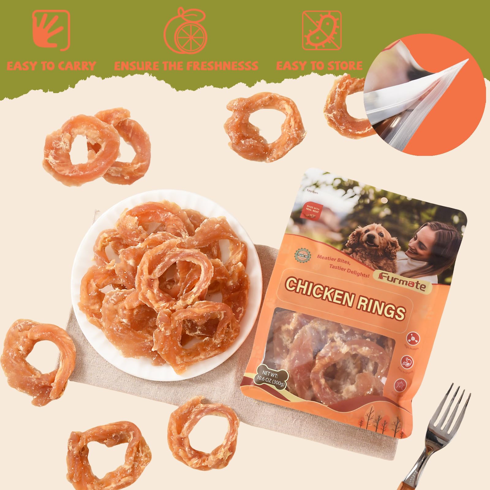 Furmate Chicken Jerky Rings training-reward scene—great for positive reinforcement during training.
