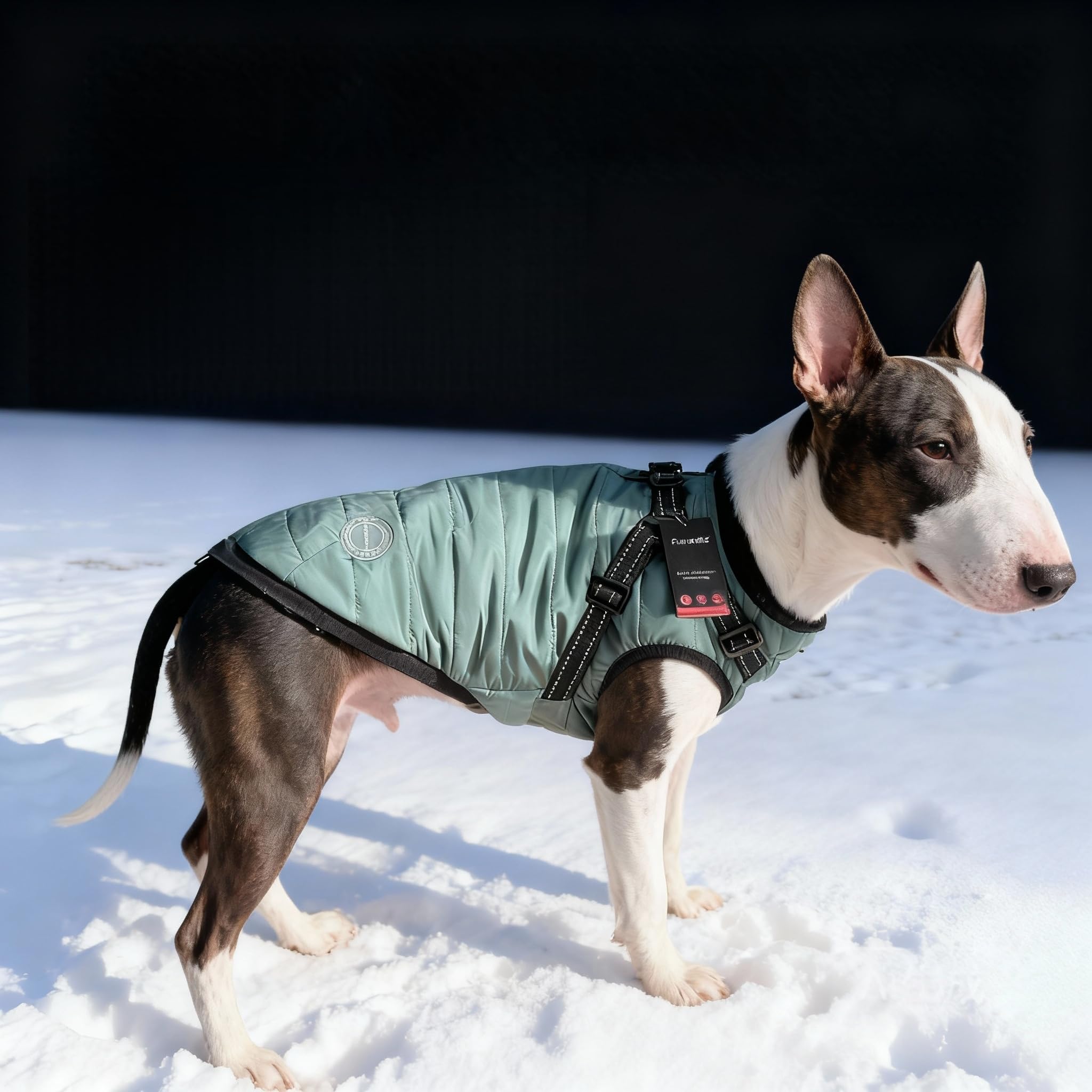 Furmate dog winter coat front view demonstrates easy-on zipper for quick get-ready routines.