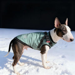 Furmate dog winter coat front view demonstrates easy-on zipper for quick get-ready routines.