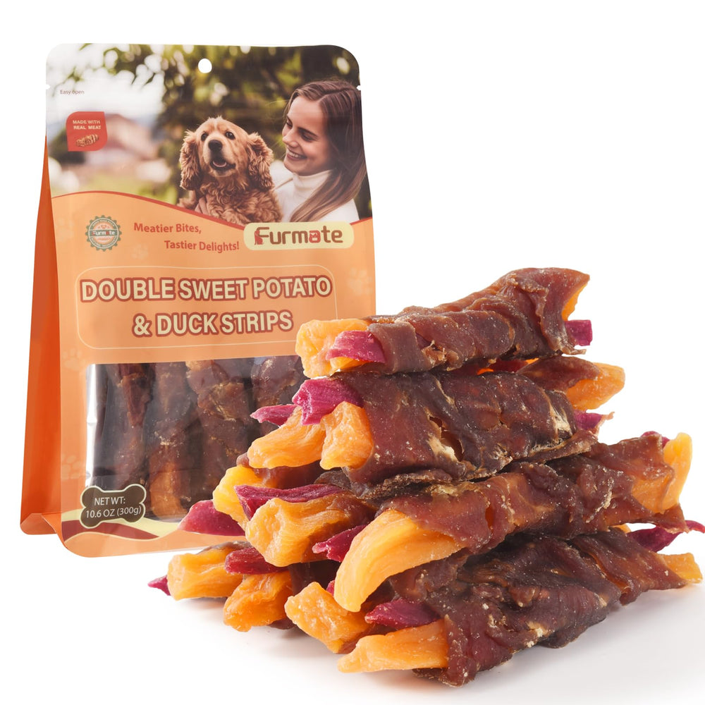 Furmate duck-wrapped packaging shows orange-purple sweet potato treats for training rewards.