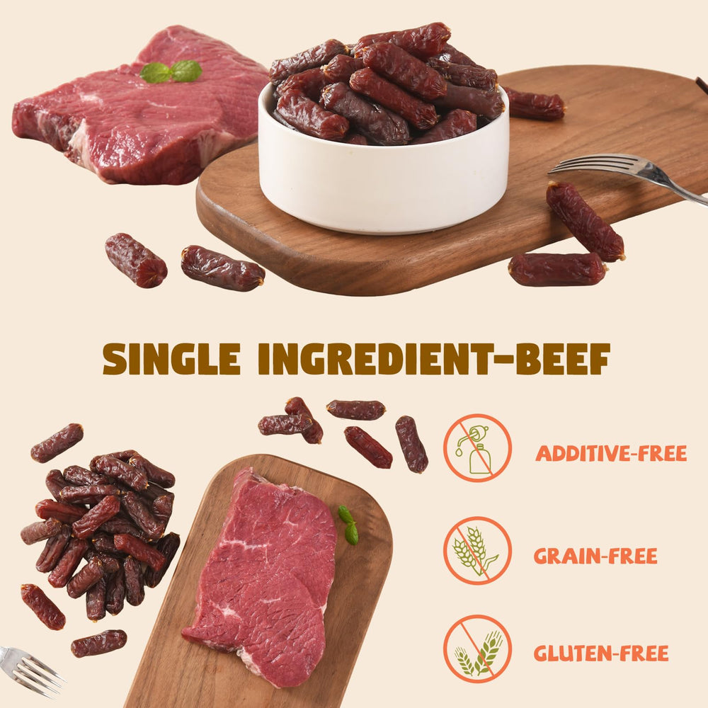 Furmate Soft Beef Sausage Dog Treats ingredient list demonstrates grain-free recipe.