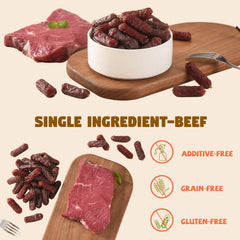 Furmate Soft Beef Sausage Dog Treats ingredient list demonstrates grain-free recipe.
