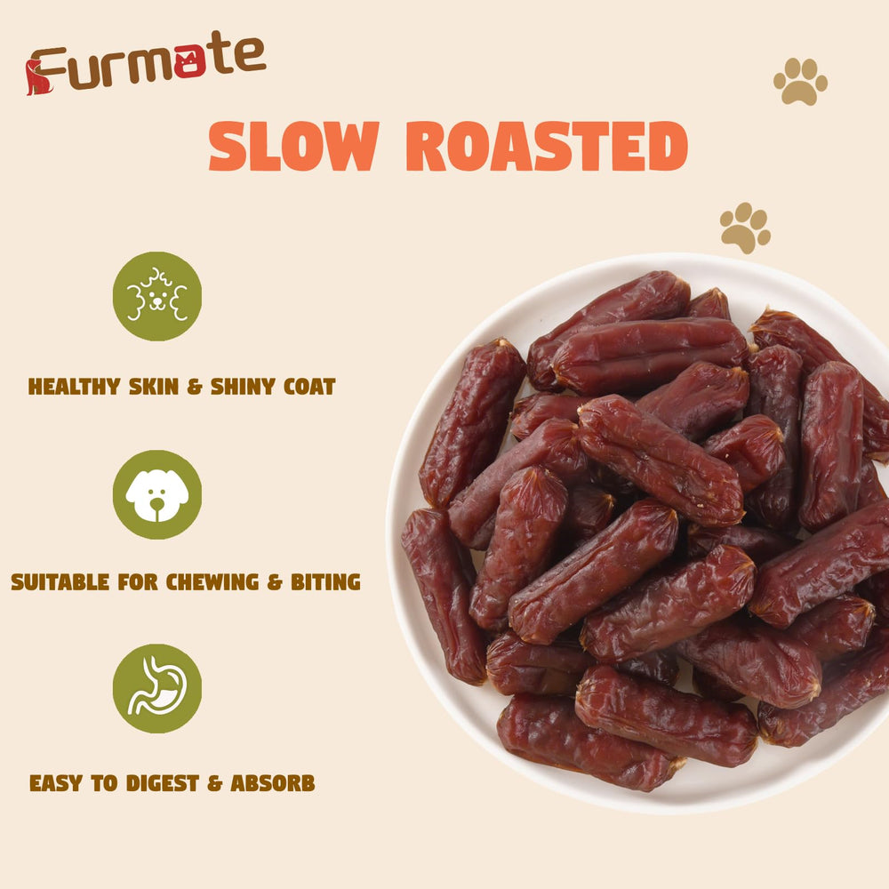 Furmate Soft Beef Sausage Dog Treats jerky slices closeup highlights high-protein texture.