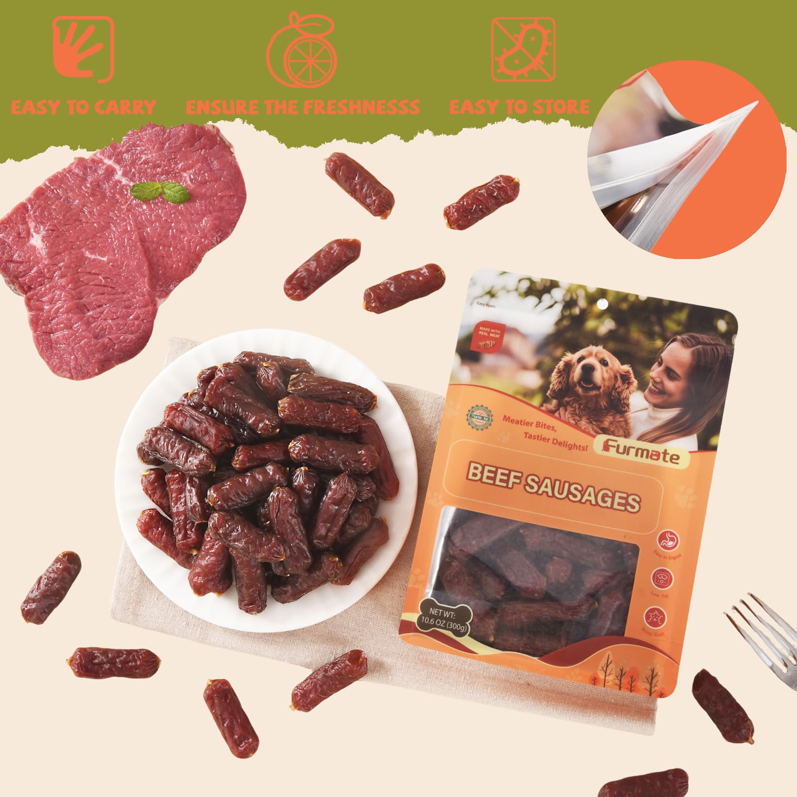 Furmate Soft Beef Sausage Dog Treats portable snack for trips and hikes.