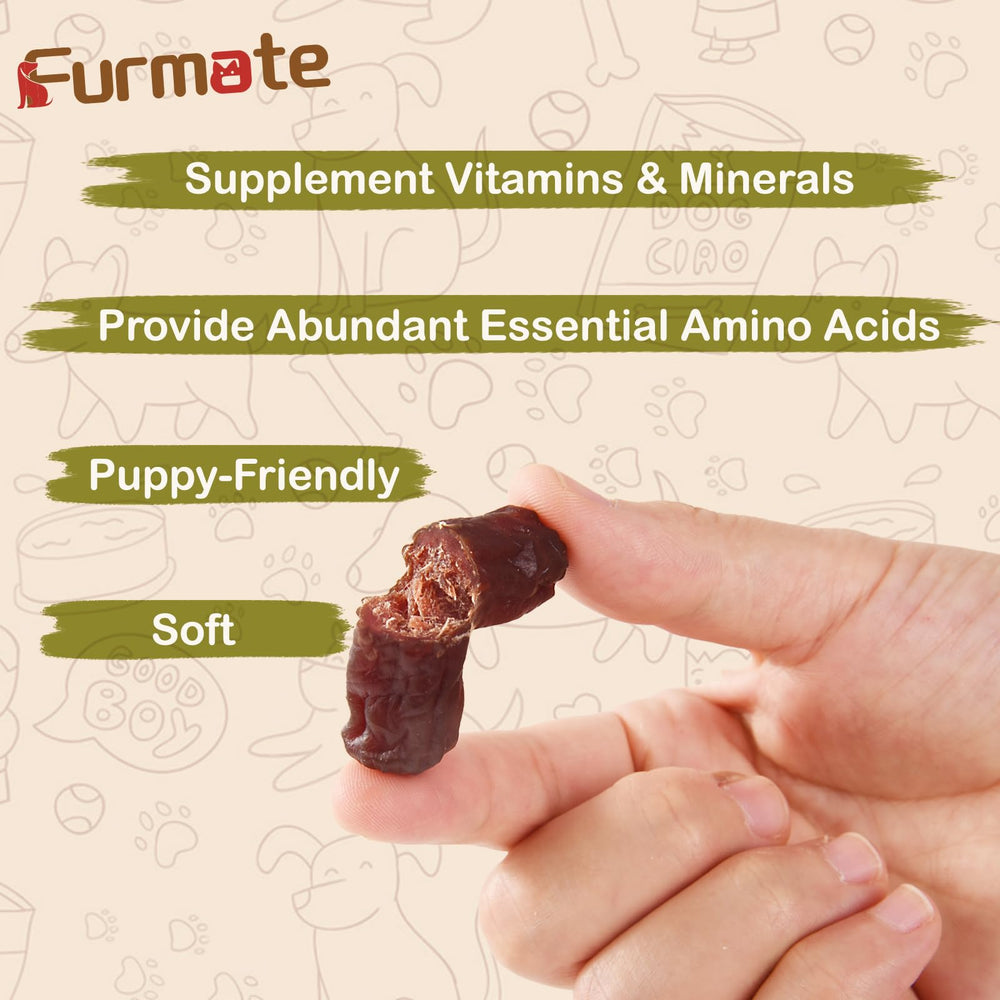 Furmate Soft Beef Sausage Dog Treats resealable bag keeps treats fresh on the go.