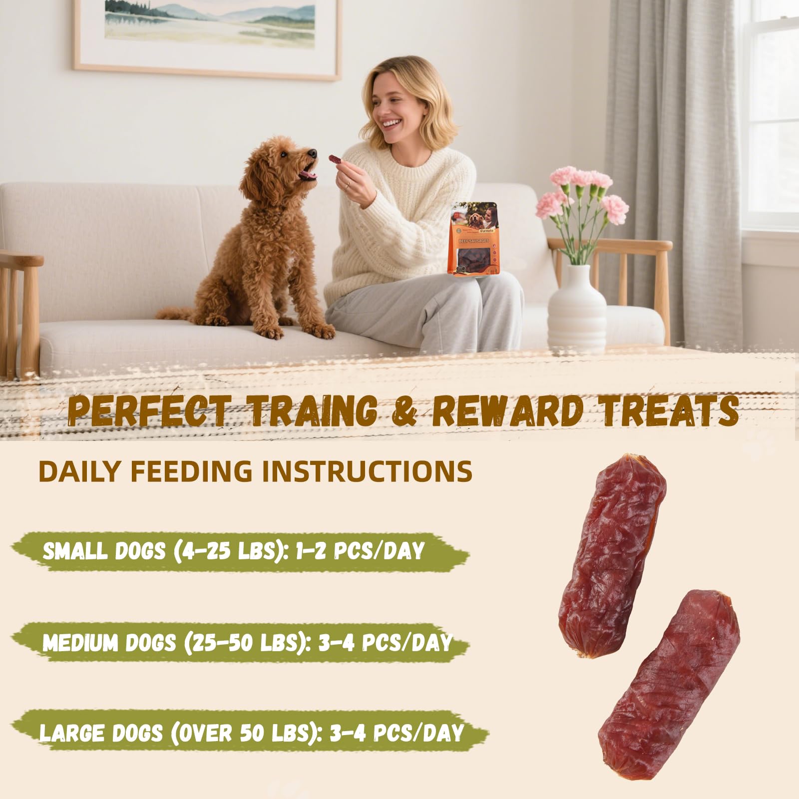 Furmate Soft Beef Sausage Dog Treats ideal training reward during practice sessions.