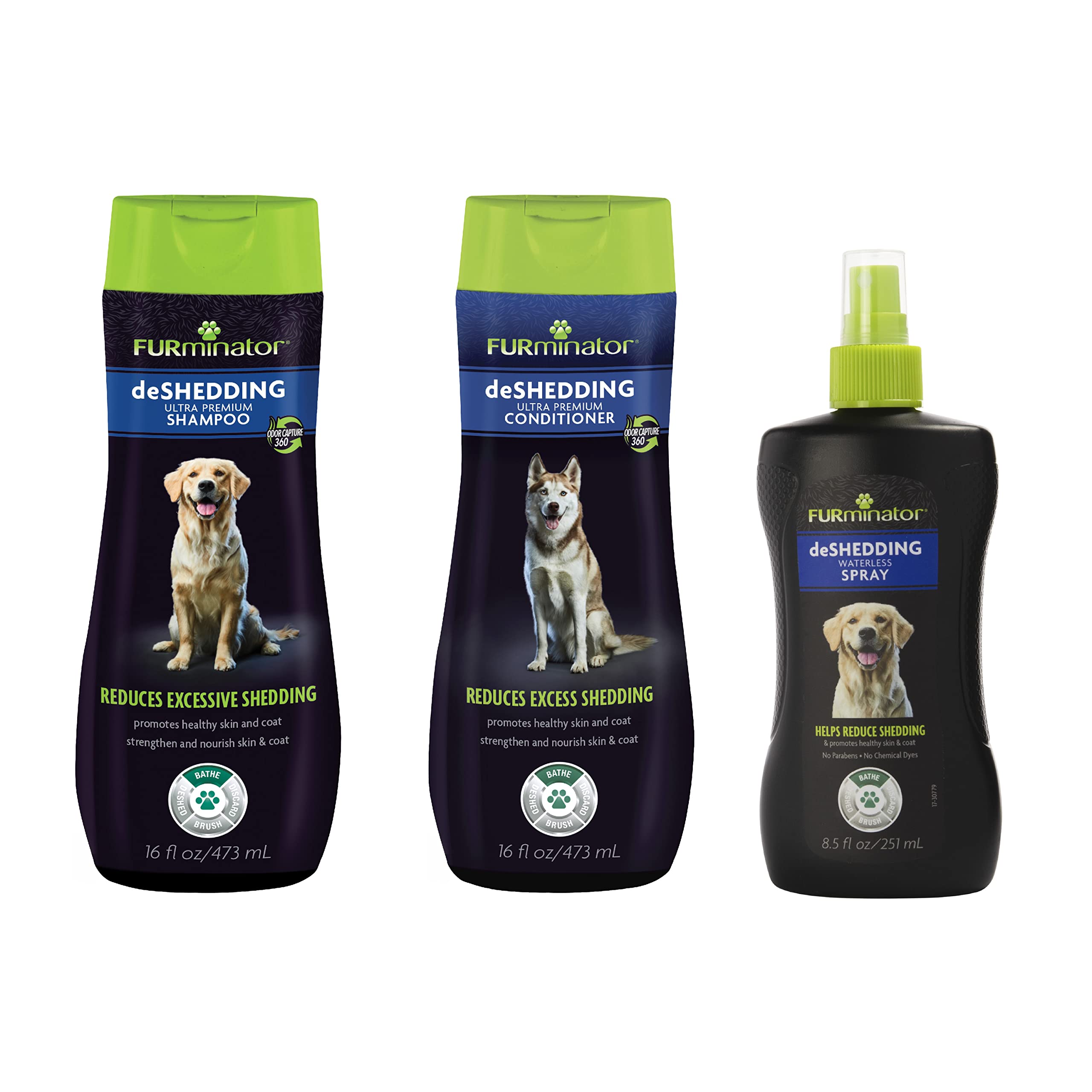 Dog being groomed with FURminator kit in a bathroom setting