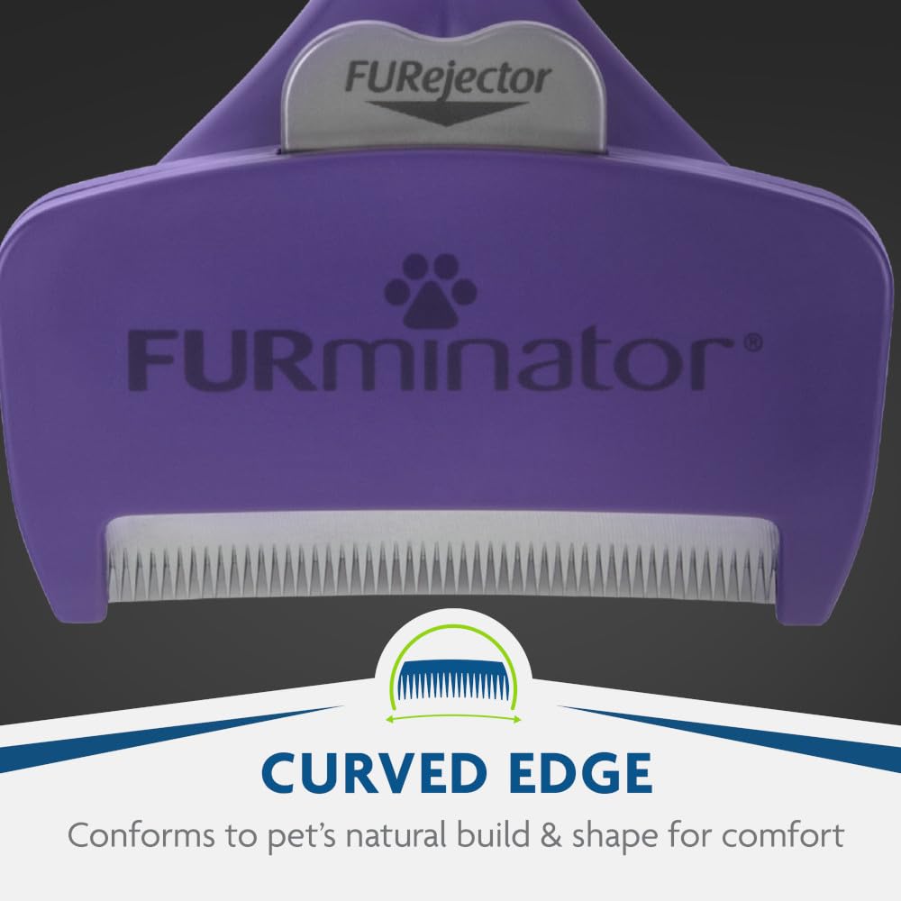 FURminator deshedding tool FURejector button—releases hair quickly during grooming.