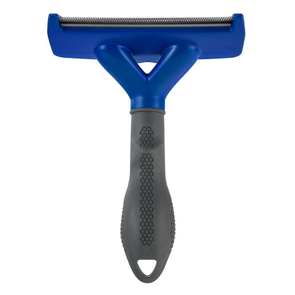 FURminator deshedding tool shows topcoat access ideal for safe undercoat removal in long-haired dogs.