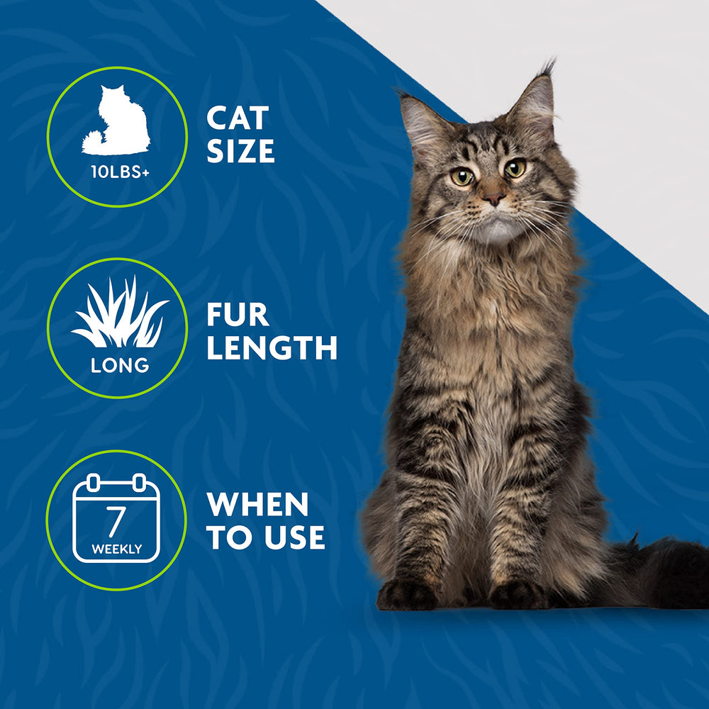 Long-haired cat being groomed with the FURminator tool for reduced shedding.