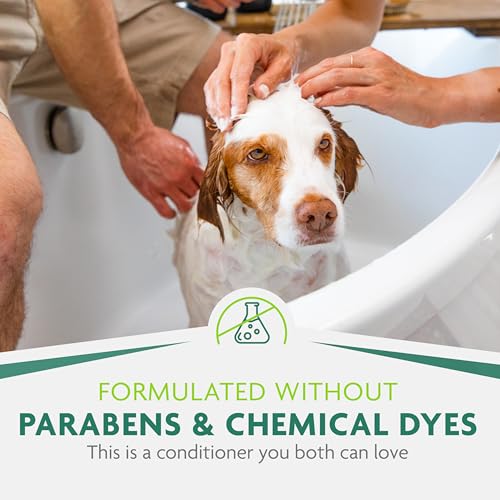FURminator conditioner label closeup highlights paraben-free, dye-free formula for gentle care.