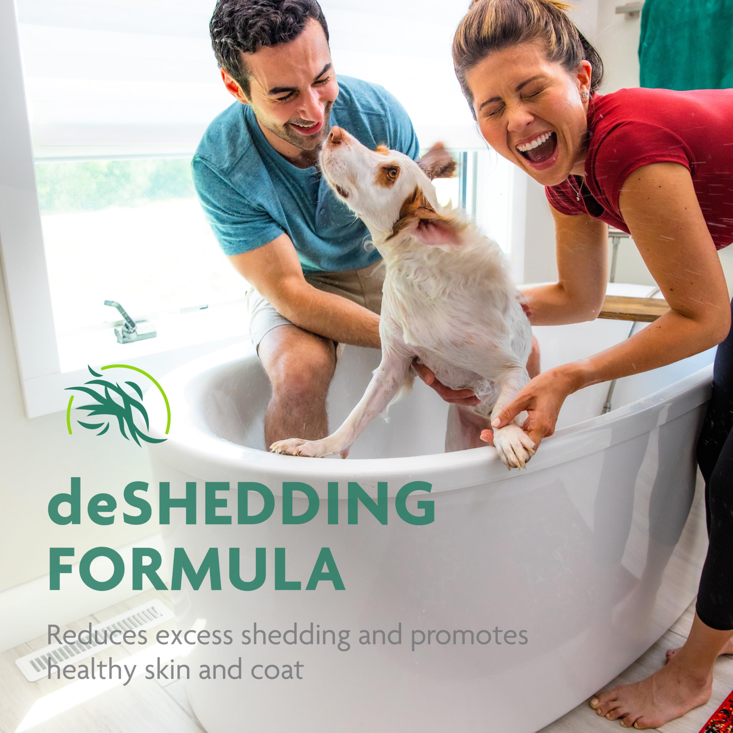 FURminator dog bath-time ritual image suggests spa-like grooming at home.