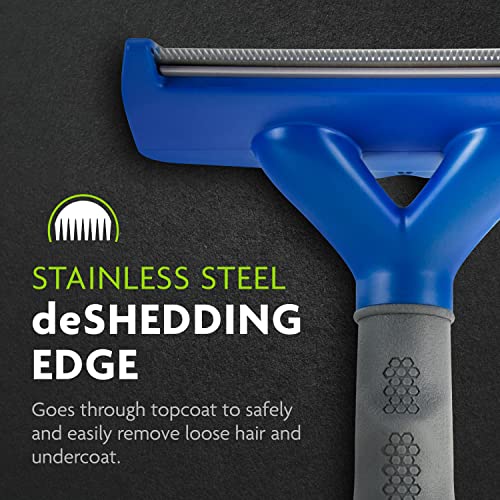 FURminator tool curved edge conforming to a dog’s natural shape