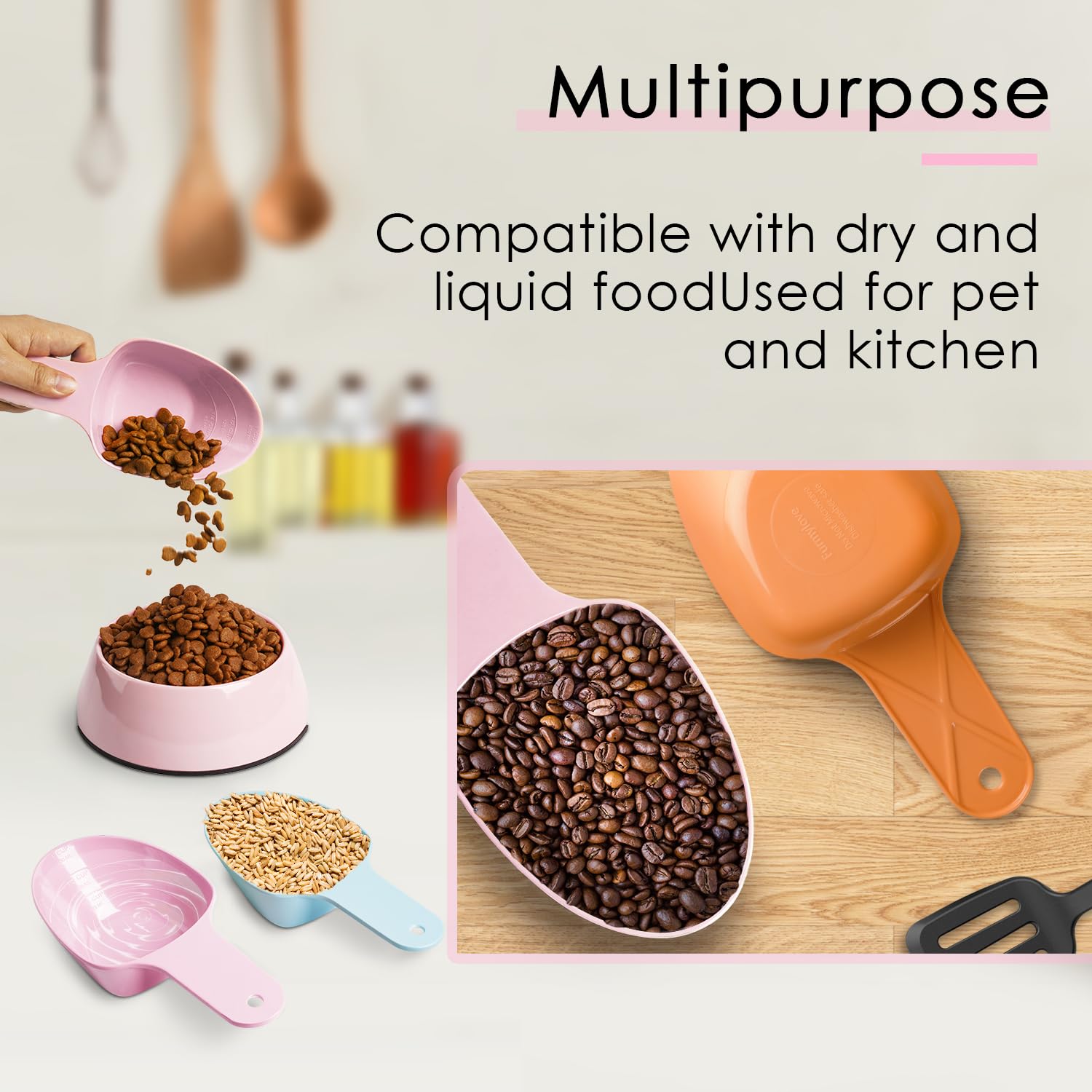 FURMYLOVE pink melamine scoop doubles as a kitchen measuring tool