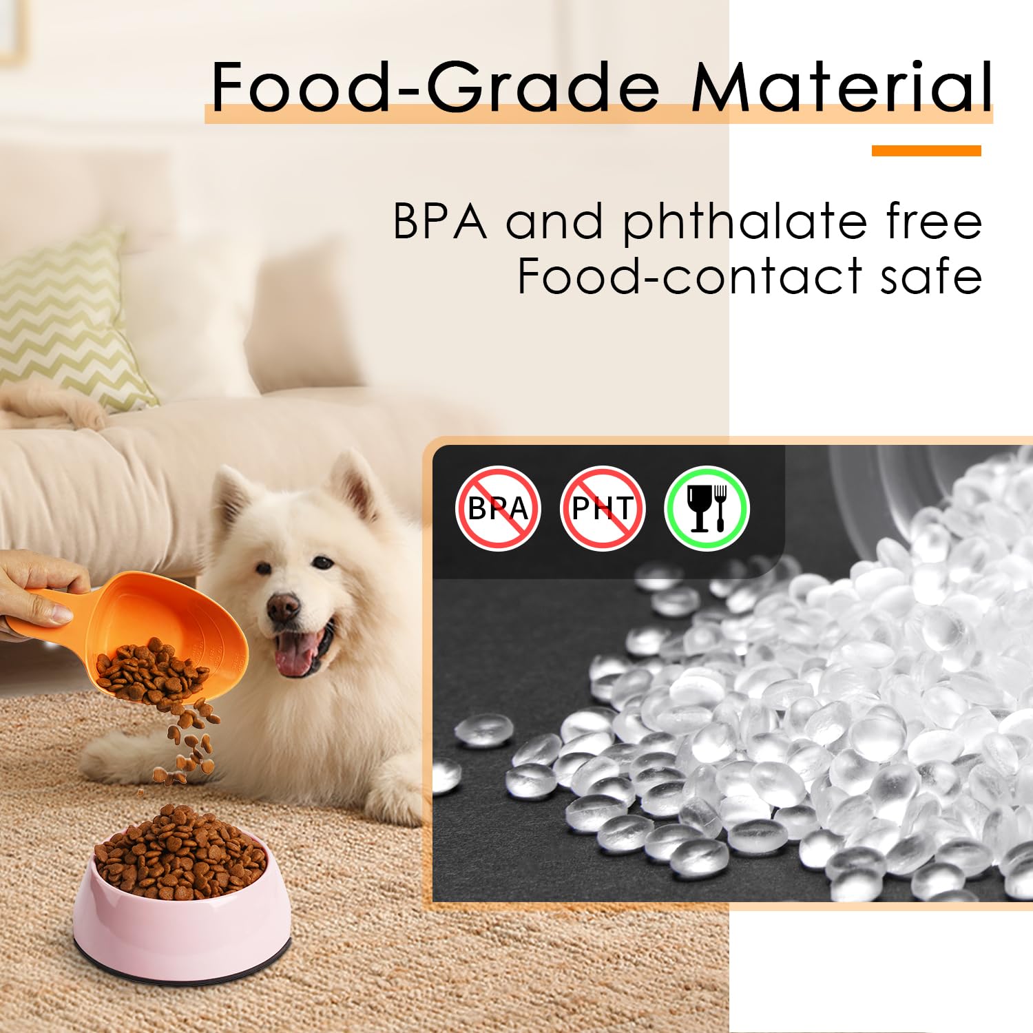 FURMYLOVE orange measuring cup with hanging hole for space-saving storage.