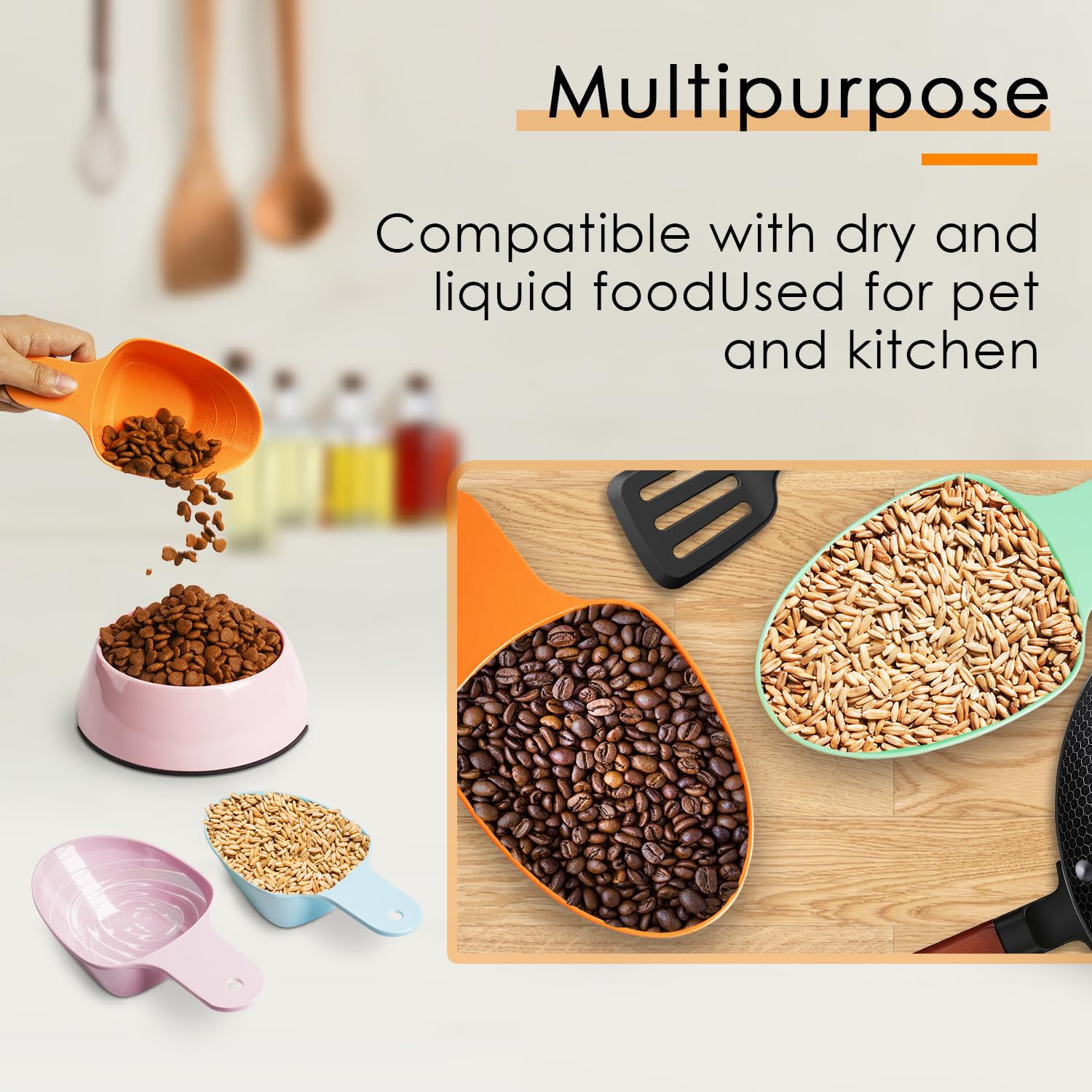 FURMYLOVE wide-applications scoop doubles as a kitchen utensil for dry or wet foods.