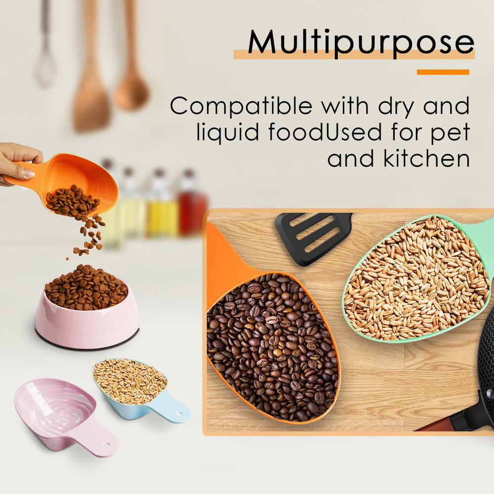 FURMYLOVE wide-applications scoop doubles as a kitchen utensil for dry or wet foods.
