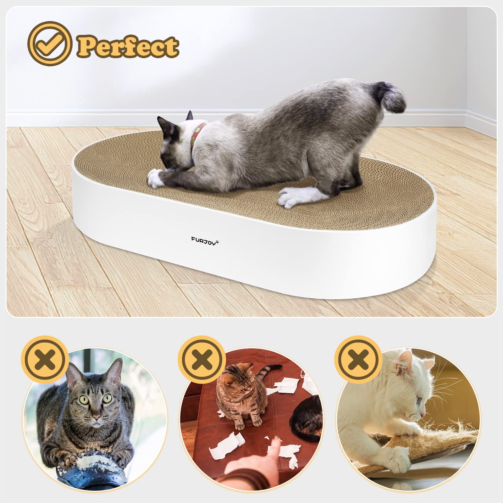 FUROZY cat-scratcher oval pad room scene illustrating home-friendly design