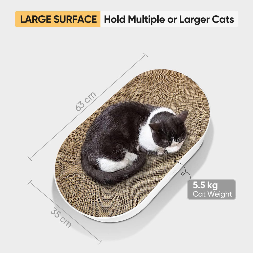 FUROZY cat-scratcher oval pad side view demonstrating curved design for comfy curling