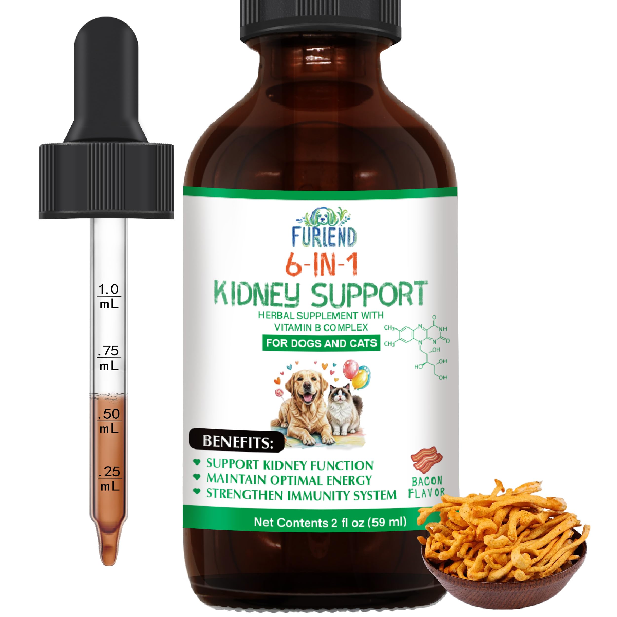 FURIEND kidney-support bottle shown for pets, supporting hydration and kidney health.