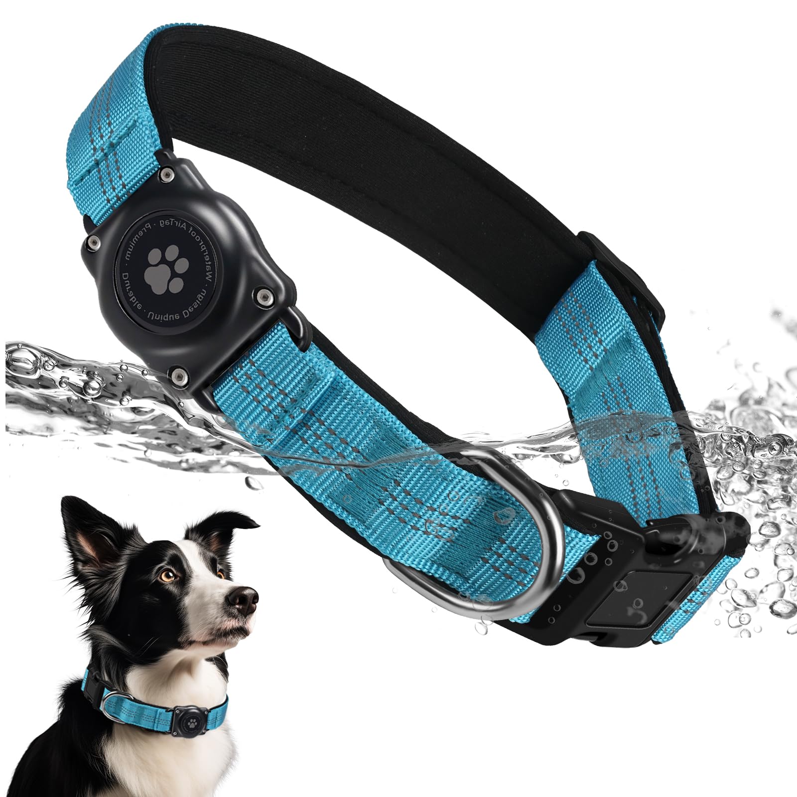 Furrigo AirTag dog collar blue front view showing integrated holder and tracking readiness