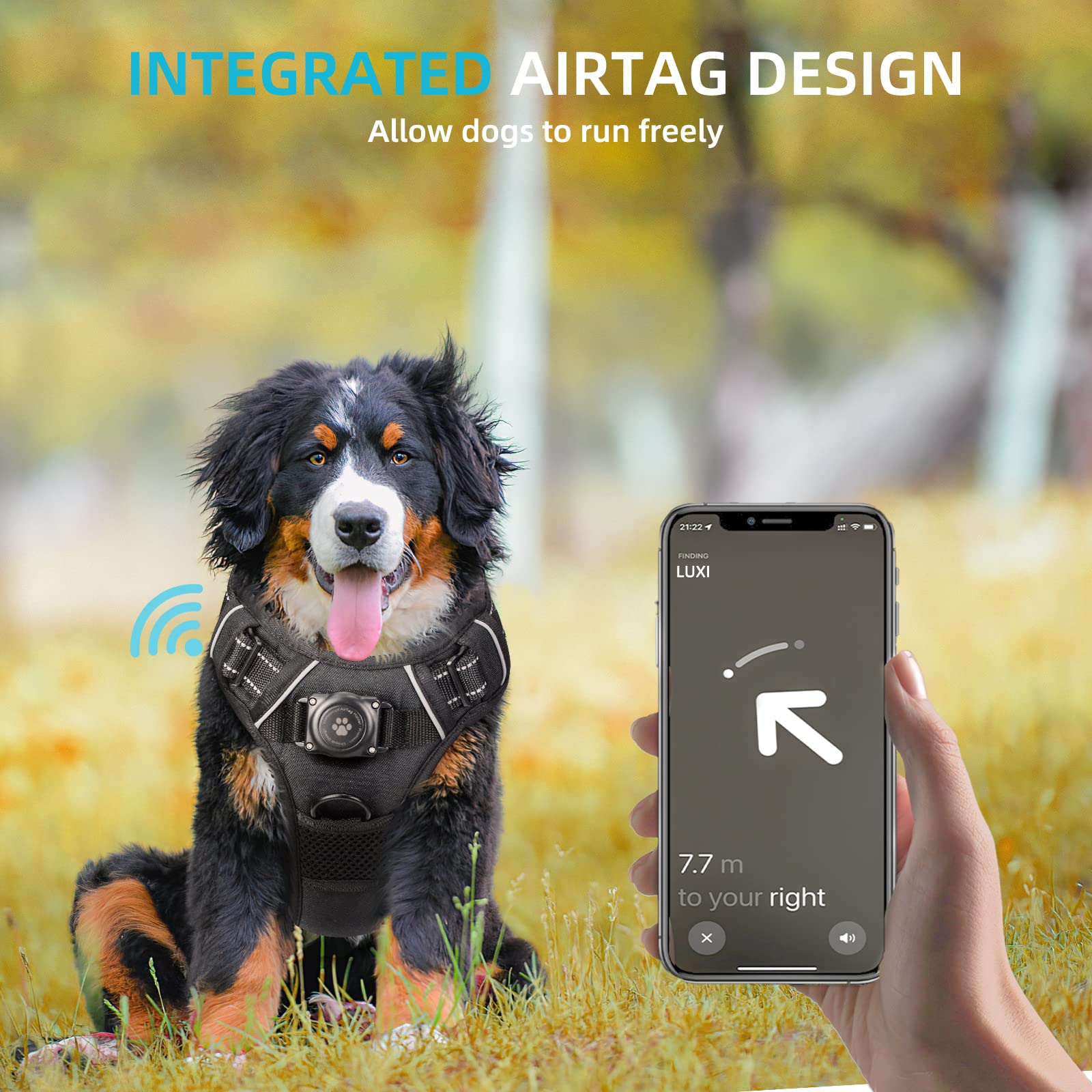 Furrigo integrated AirTag case keeps tracker secure on chest during daily walks.